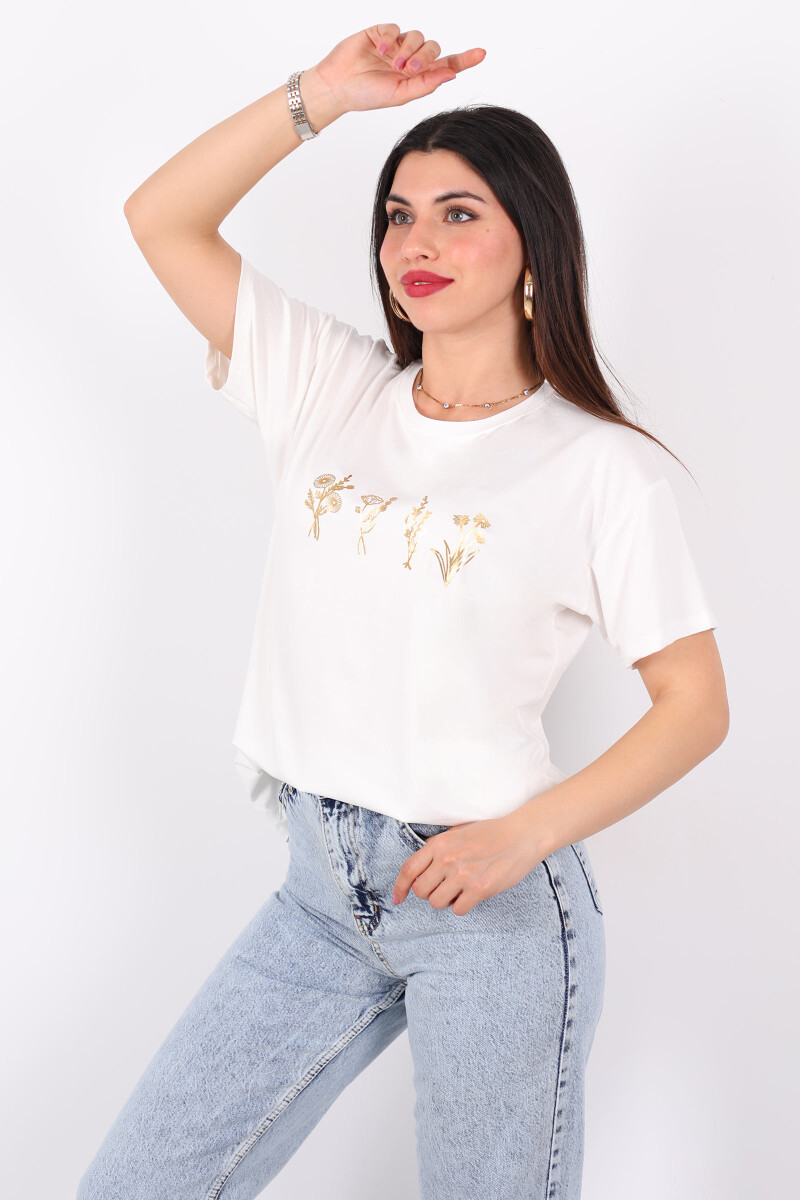 Baskılı Kısa Kol Beyaz Kadın T-Shirt - 1