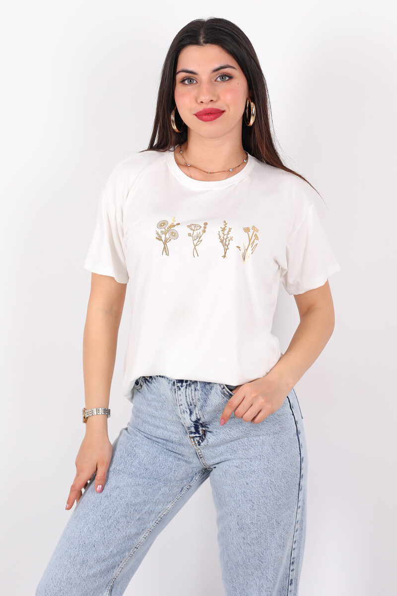 Baskılı Kısa Kol Beyaz Kadın T-Shirt - 3