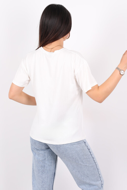 Baskılı Kısa Kol Ekru Kadın T-Shirt - 4