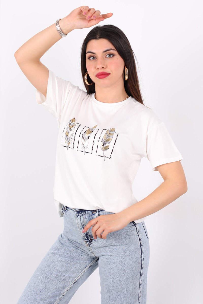 Baskılı Kısa Kol Ekru Kadın T-Shirt - 1