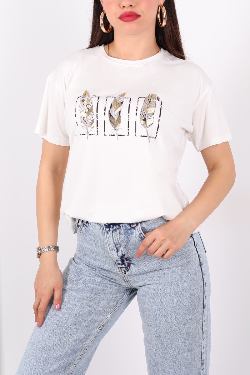 Baskılı Kısa Kol Ekru Kadın T-Shirt - 2