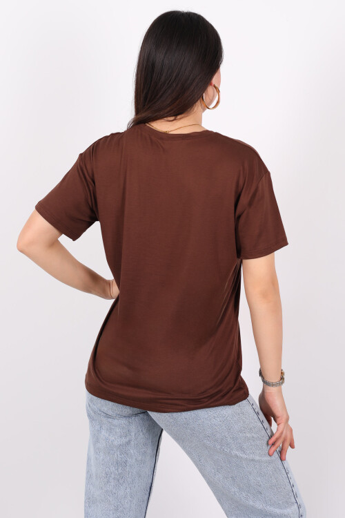 Baskılı Kısa Kol Kahverengi Kadın T-Shirt - 5