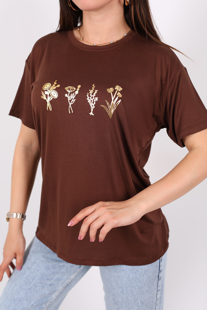 Baskılı Kısa Kol Kahverengi Kadın T-Shirt - 2