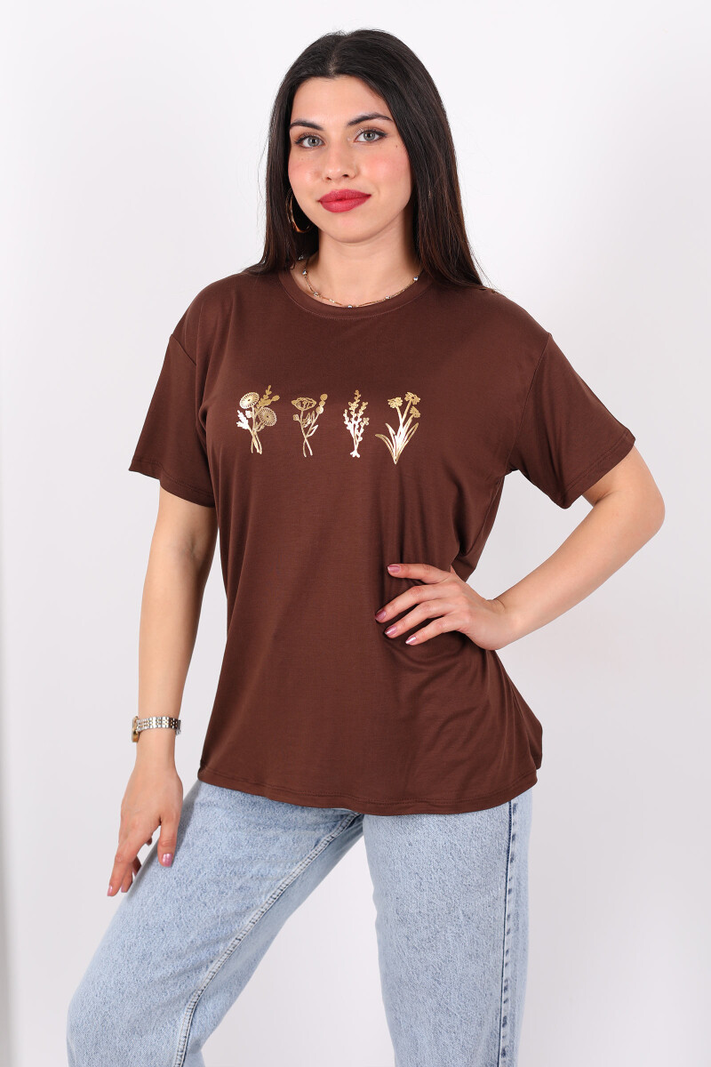 Baskılı Kısa Kol Kahverengi Kadın T-Shirt - 3