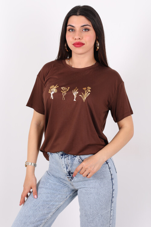Baskılı Kısa Kol Kahverengi Kadın T-Shirt - 4