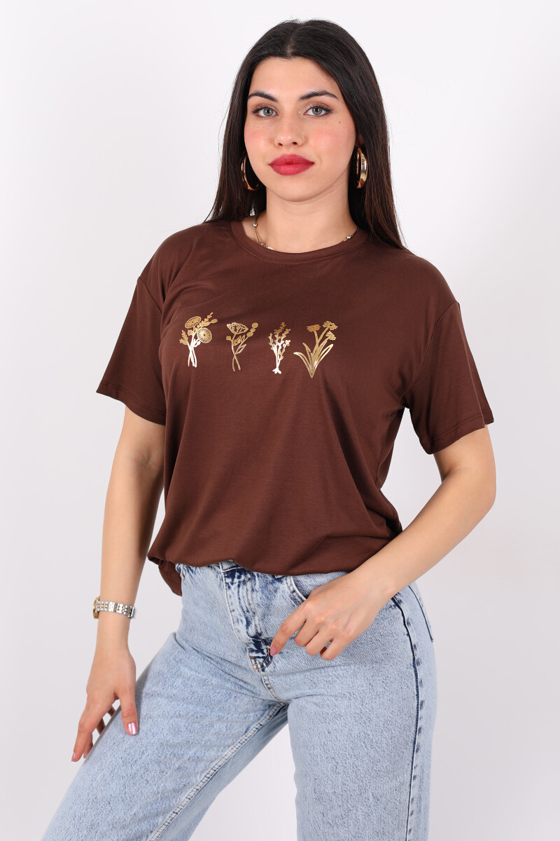 Baskılı Kısa Kol Kahverengi Kadın T-Shirt - 4