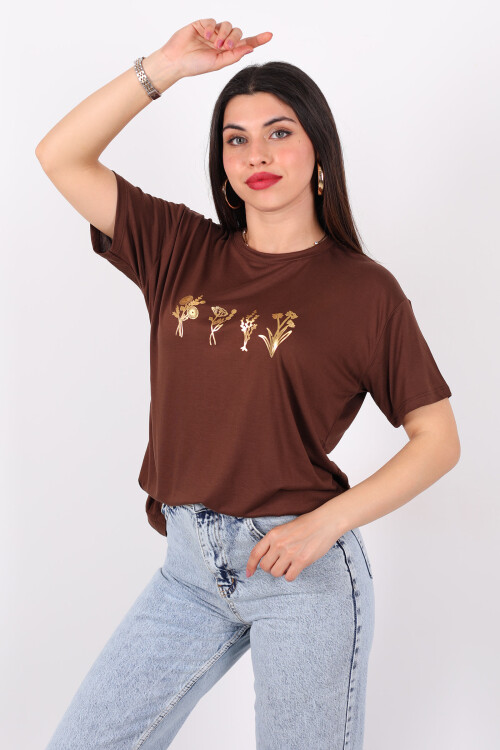 Baskılı Kısa Kol Kahverengi Kadın T-Shirt 