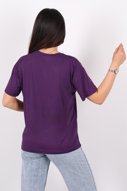 Yazı Baskılı Kısa Kol Mor Kadın T-Shirt - 5