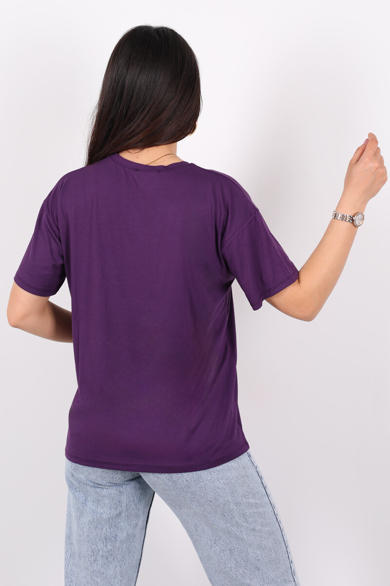 Yazı Baskılı Kısa Kol Mor Kadın T-Shirt - 5