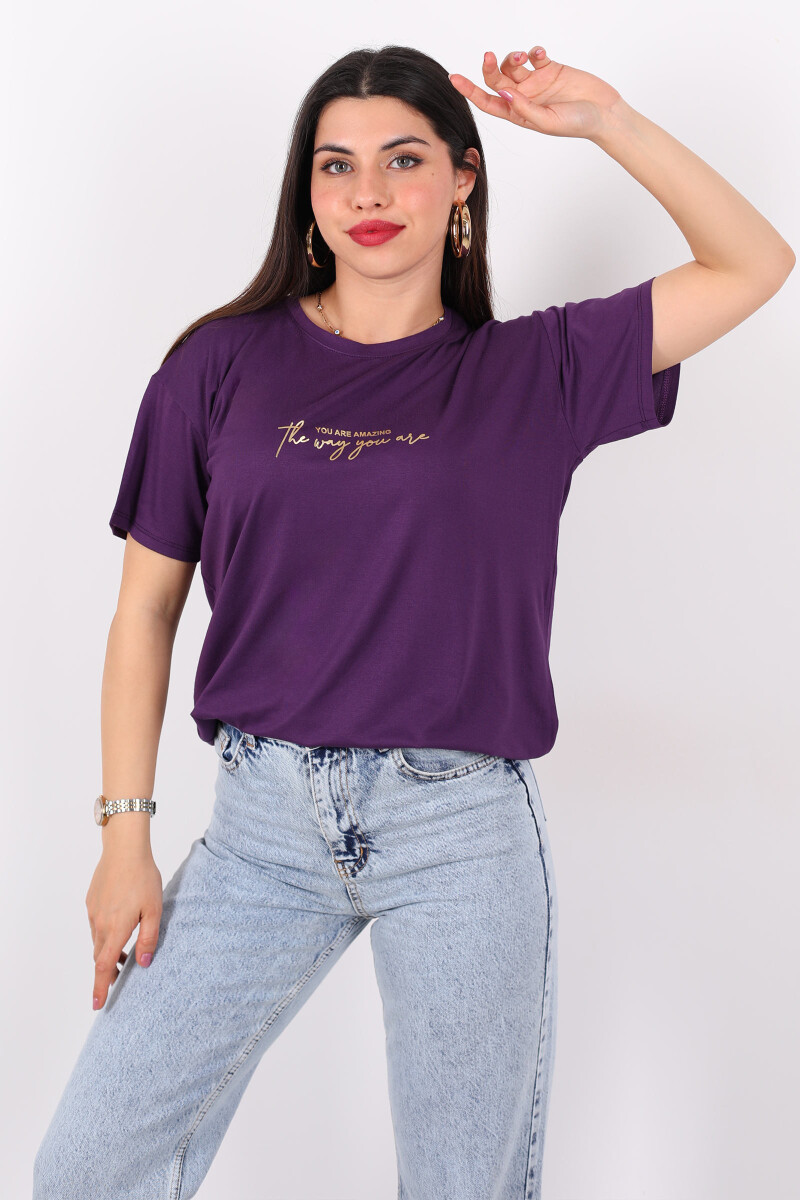 Yazı Baskılı Kısa Kol Mor Kadın T-Shirt - 1