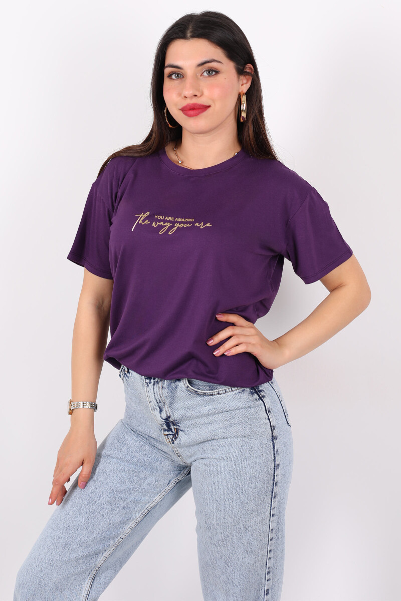 Yazı Baskılı Kısa Kol Mor Kadın T-Shirt - 3