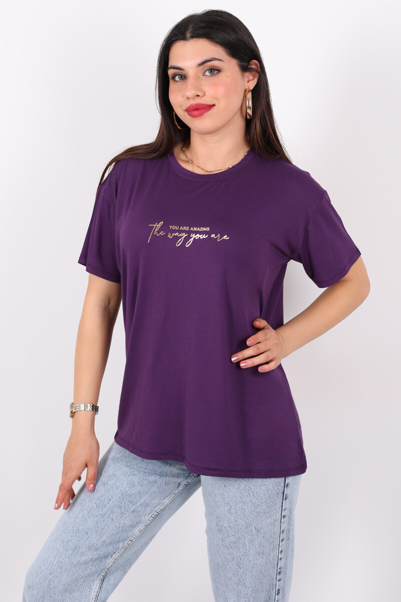 Yazı Baskılı Kısa Kol Mor Kadın T-Shirt - 4