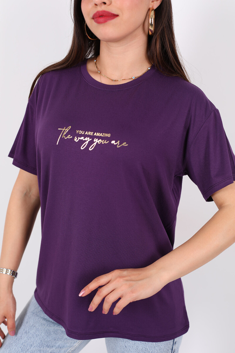 Yazı Baskılı Kısa Kol Mor Kadın T-Shirt - 2