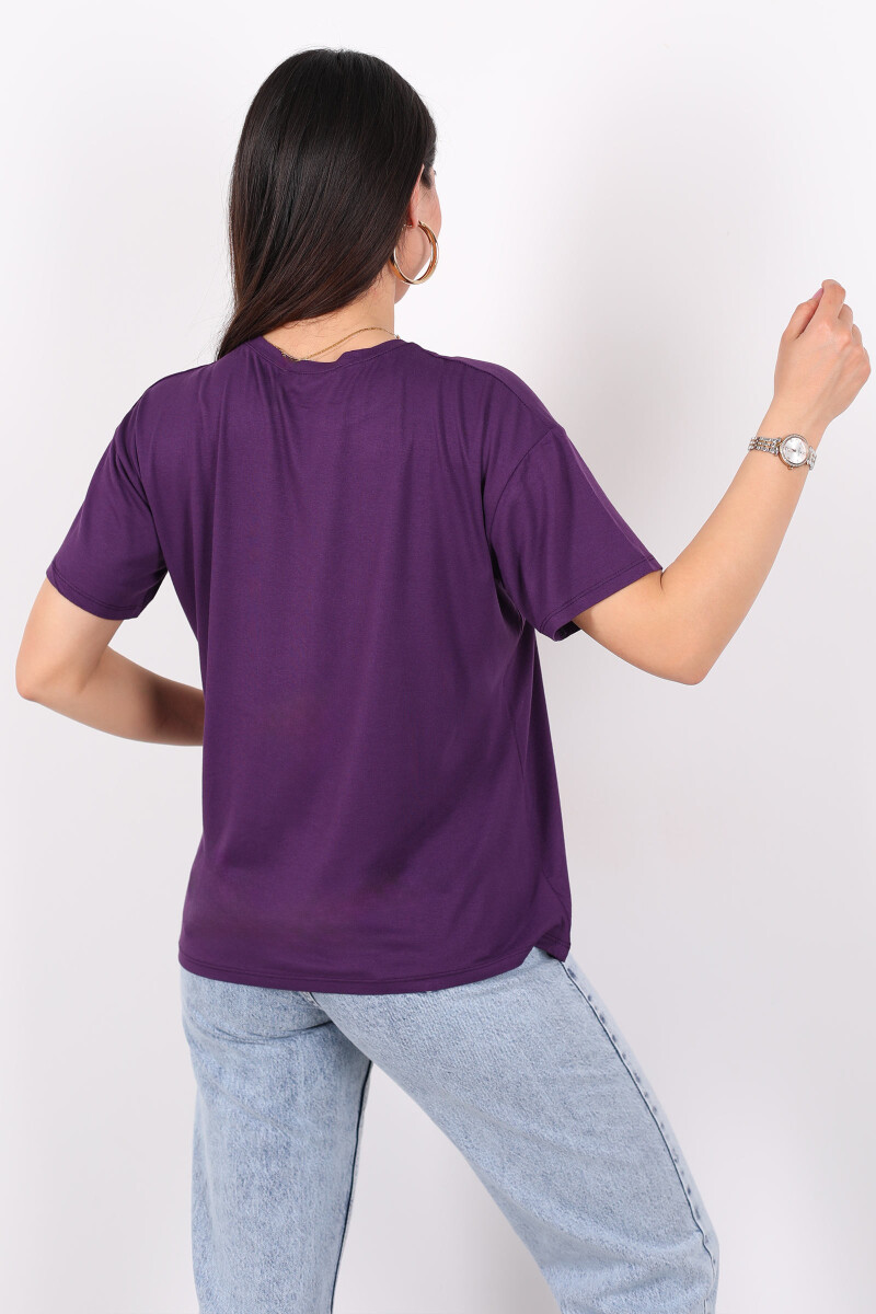 Baskılı Kısa Kol Mor Kadın T-Shirt - 4