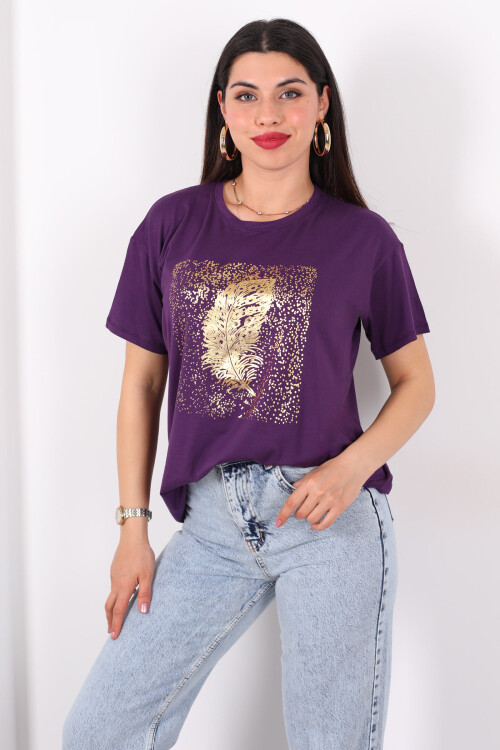 Baskılı Kısa Kol Mor Kadın T-Shirt 