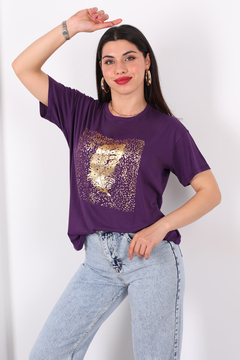 Baskılı Kısa Kol Mor Kadın T-Shirt - 3