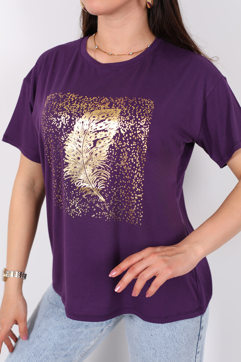 Baskılı Kısa Kol Mor Kadın T-Shirt - 2