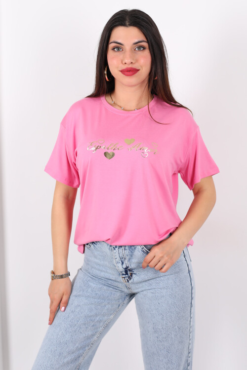 Yazı Baskılı Kısa Kol Pembe Kadın T-Shirt - 3