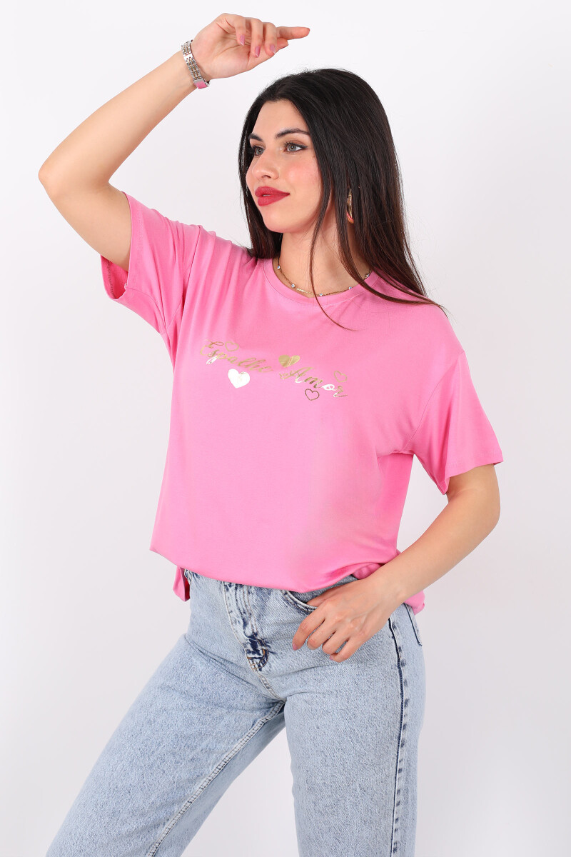 Yazı Baskılı Kısa Kol Pembe Kadın T-Shirt - 1
