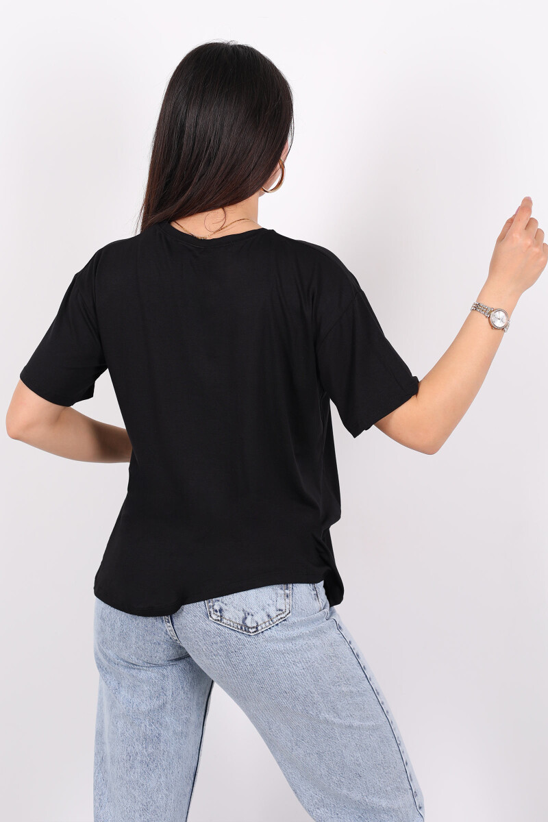 Yazı Baskılı Kısa Kol Siyah Kadın T-Shirt - 4