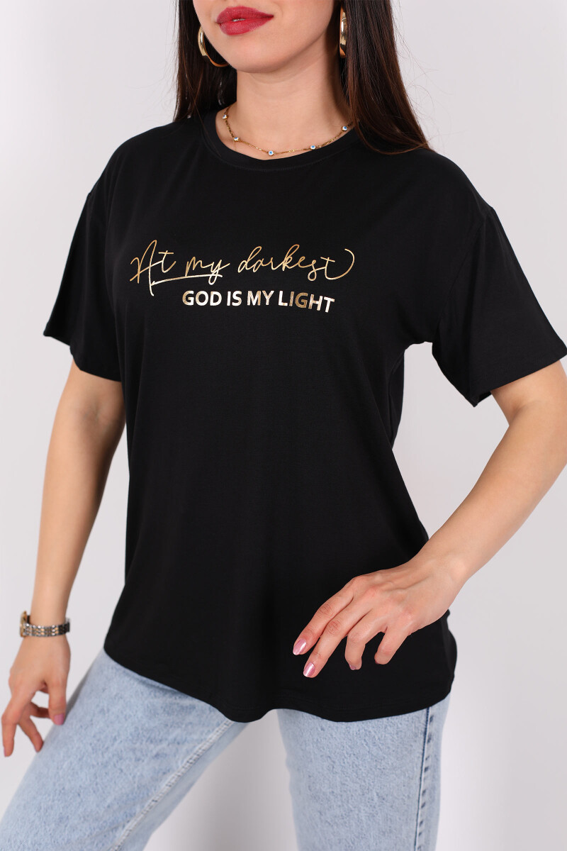 Yazı Baskılı Kısa Kol Siyah Kadın T-Shirt - 2