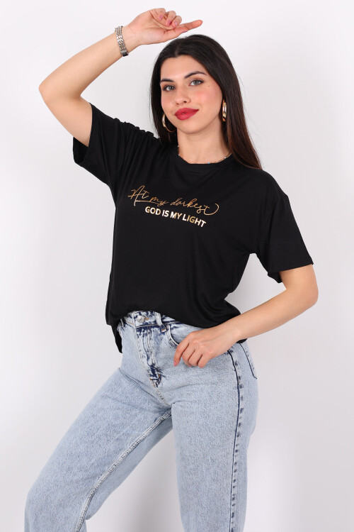 Yazı Baskılı Kısa Kol Siyah Kadın T-Shirt 
