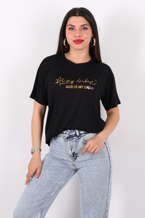 Yazı Baskılı Kısa Kol Siyah Kadın T-Shirt - 3