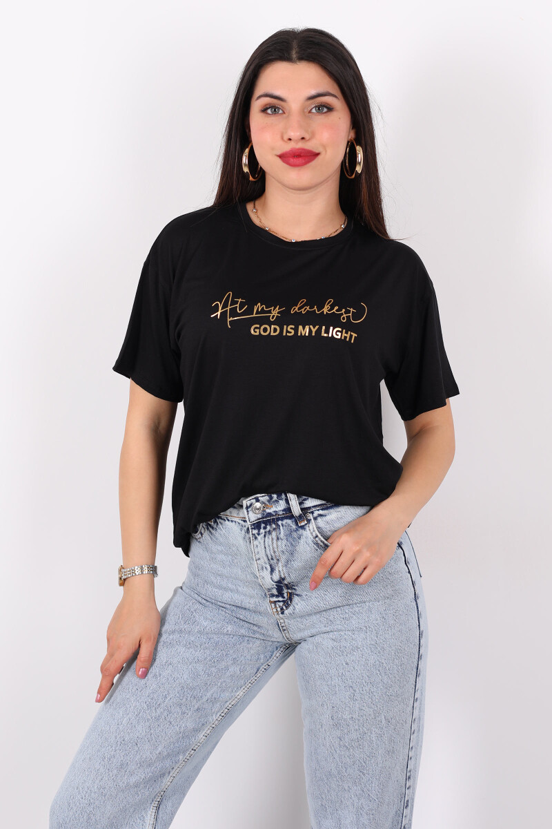 Yazı Baskılı Kısa Kol Siyah Kadın T-Shirt - 3