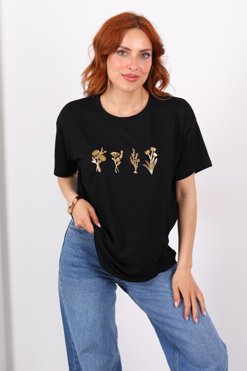 Baskılı Kısa Kol Siyah Kadın T-Shirt 