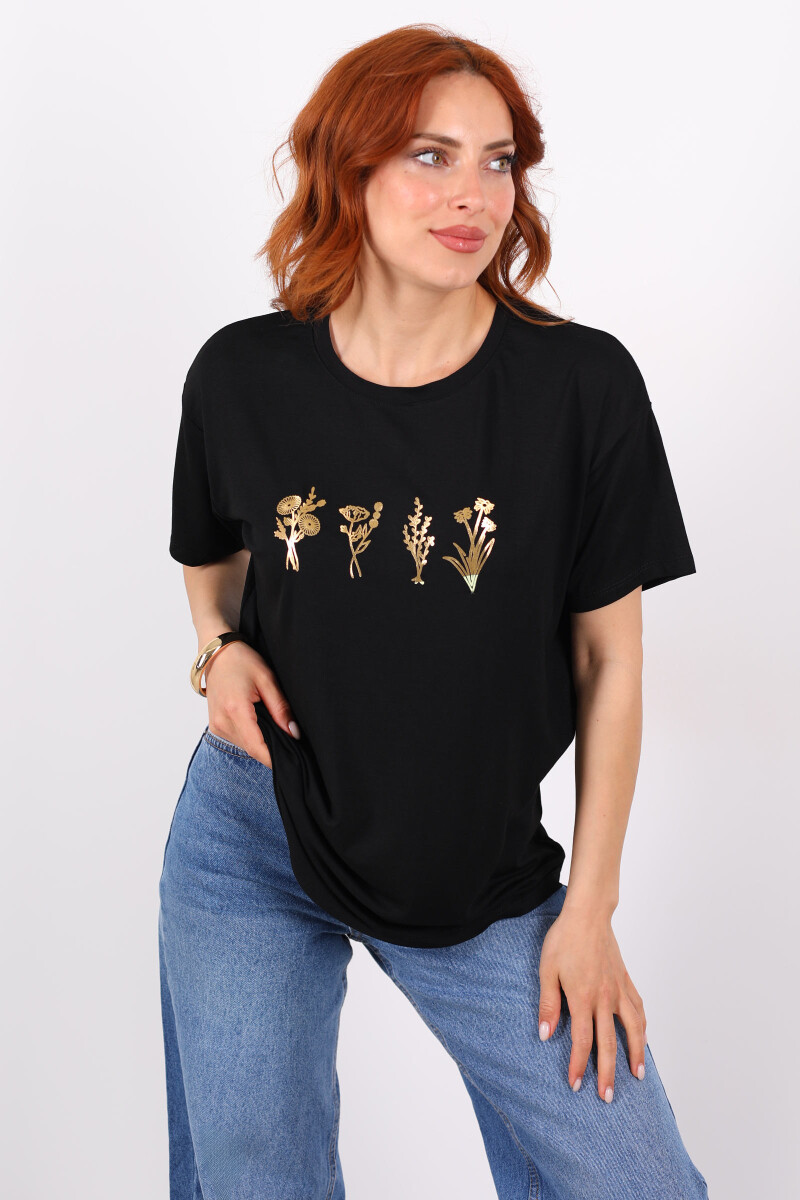 Baskılı Kısa Kol Siyah Kadın T-Shirt - 3