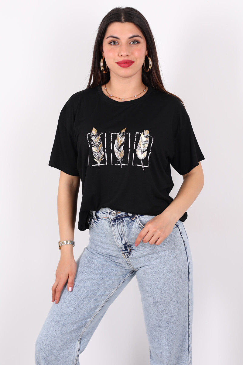Baskılı Kısa Kol Siyah Kadın T-Shirt - 3