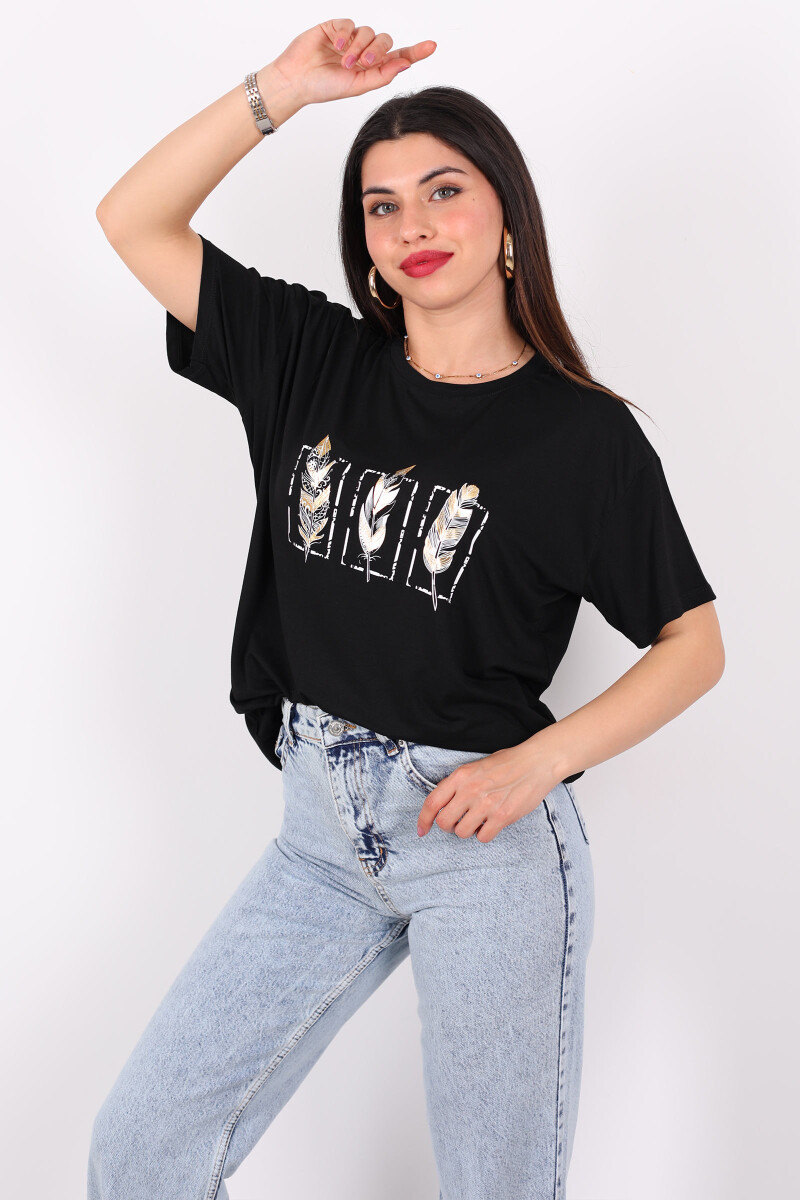 Baskılı Kısa Kol Siyah Kadın T-Shirt - 1