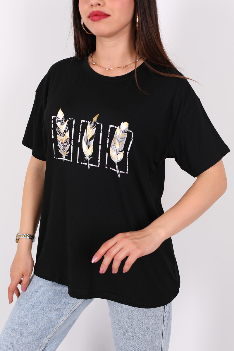 Baskılı Kısa Kol Siyah Kadın T-Shirt - 2
