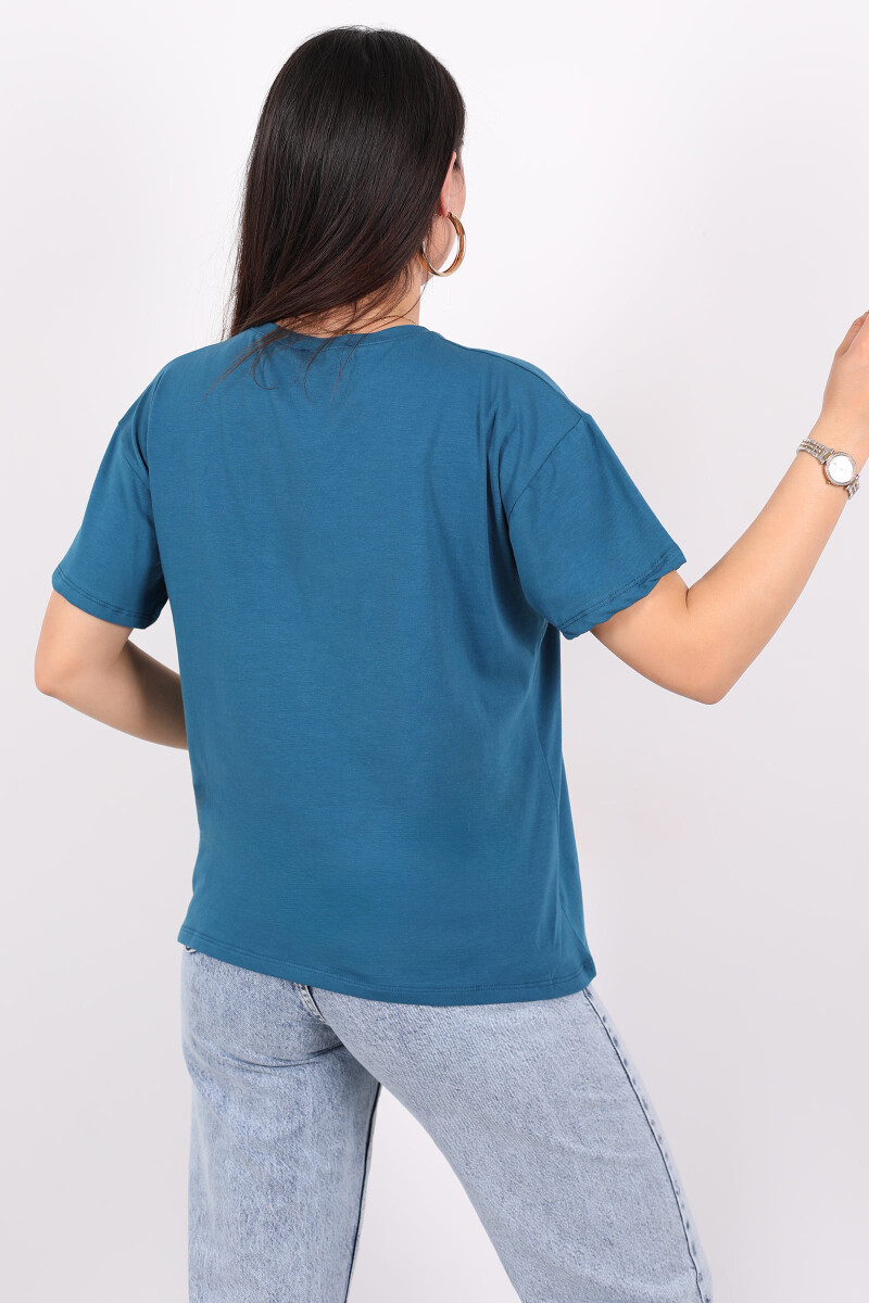 Yazı Baskılı Kısa Kol Turkuaz Kadın T-Shirt - 4