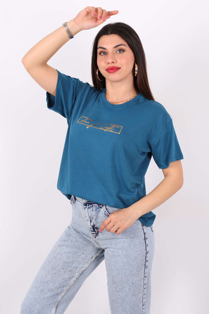 Yazı Baskılı Kısa Kol Turkuaz Kadın T-Shirt - 3