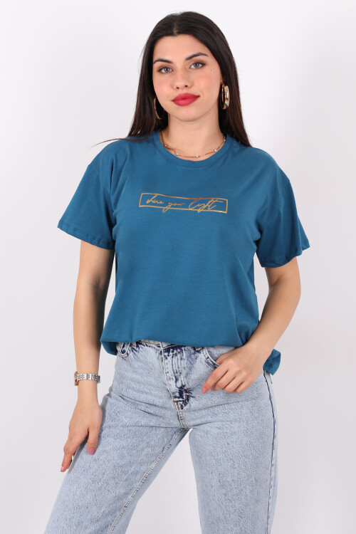 Yazı Baskılı Kısa Kol Turkuaz Kadın T-Shirt 