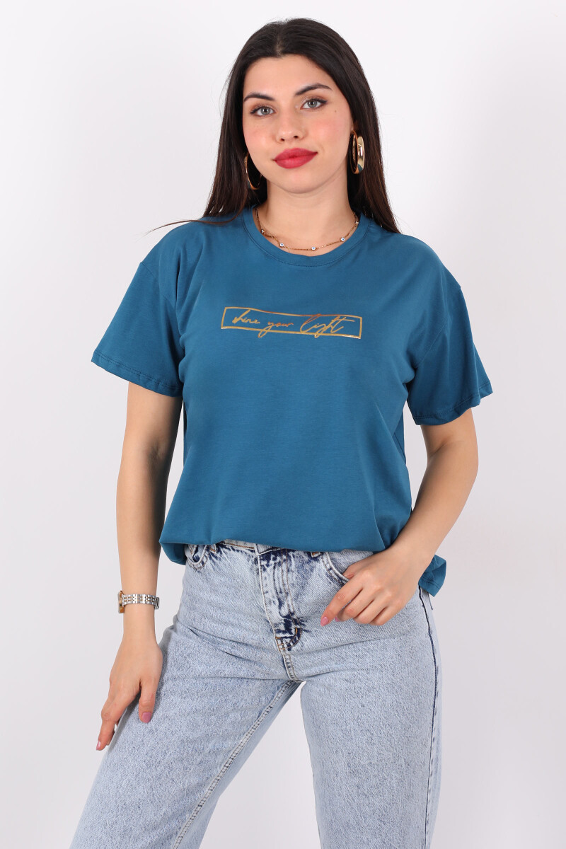 Yazı Baskılı Kısa Kol Turkuaz Kadın T-Shirt - 1