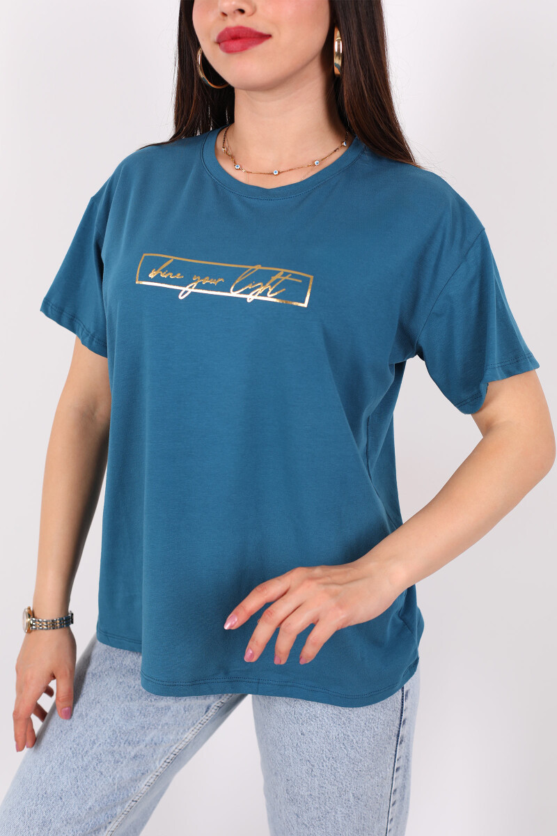 Yazı Baskılı Kısa Kol Turkuaz Kadın T-Shirt - 2