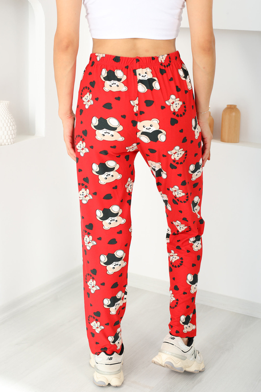Baskılı Süet Kırmızı Kadın Pijama Altı - 5