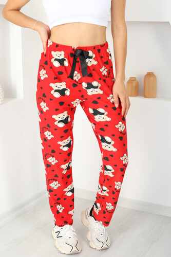 Baskılı Süet Kırmızı Kadın Pijama Altı - 4