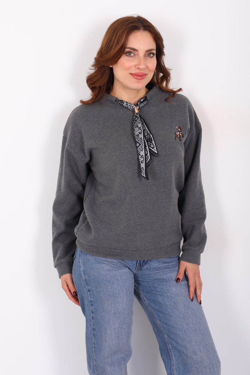 Baskılı Yakası Fularlı Antrasit Kadın Selanik Sweat - 3