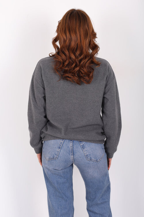 Baskılı Yakası Fularlı Antrasit Kadın Selanik Sweat - 5