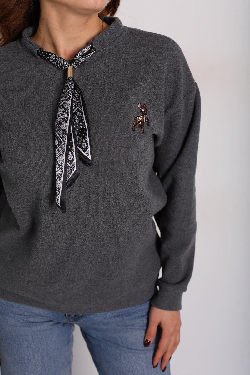 Baskılı Yakası Fularlı Antrasit Kadın Selanik Sweat - 2