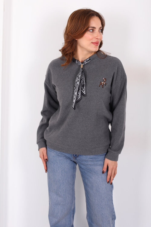Baskılı Yakası Fularlı Antrasit Kadın Selanik Sweat - 4