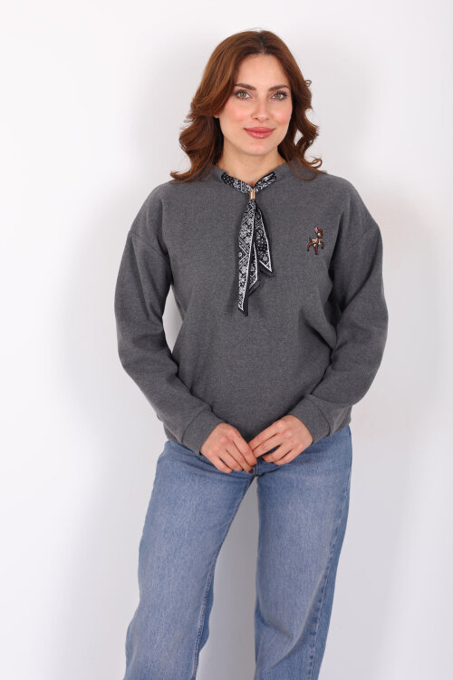 Baskılı Yakası Fularlı Antrasit Kadın Selanik Sweat 