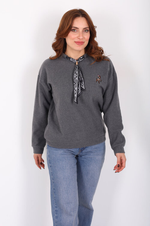 Baskılı Yakası Fularlı Antrasit Kadın Selanik Sweat - 6