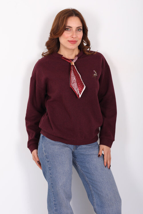 Baskılı Yakası Fularlı Bordo Kadın Selanik Sweat - 5