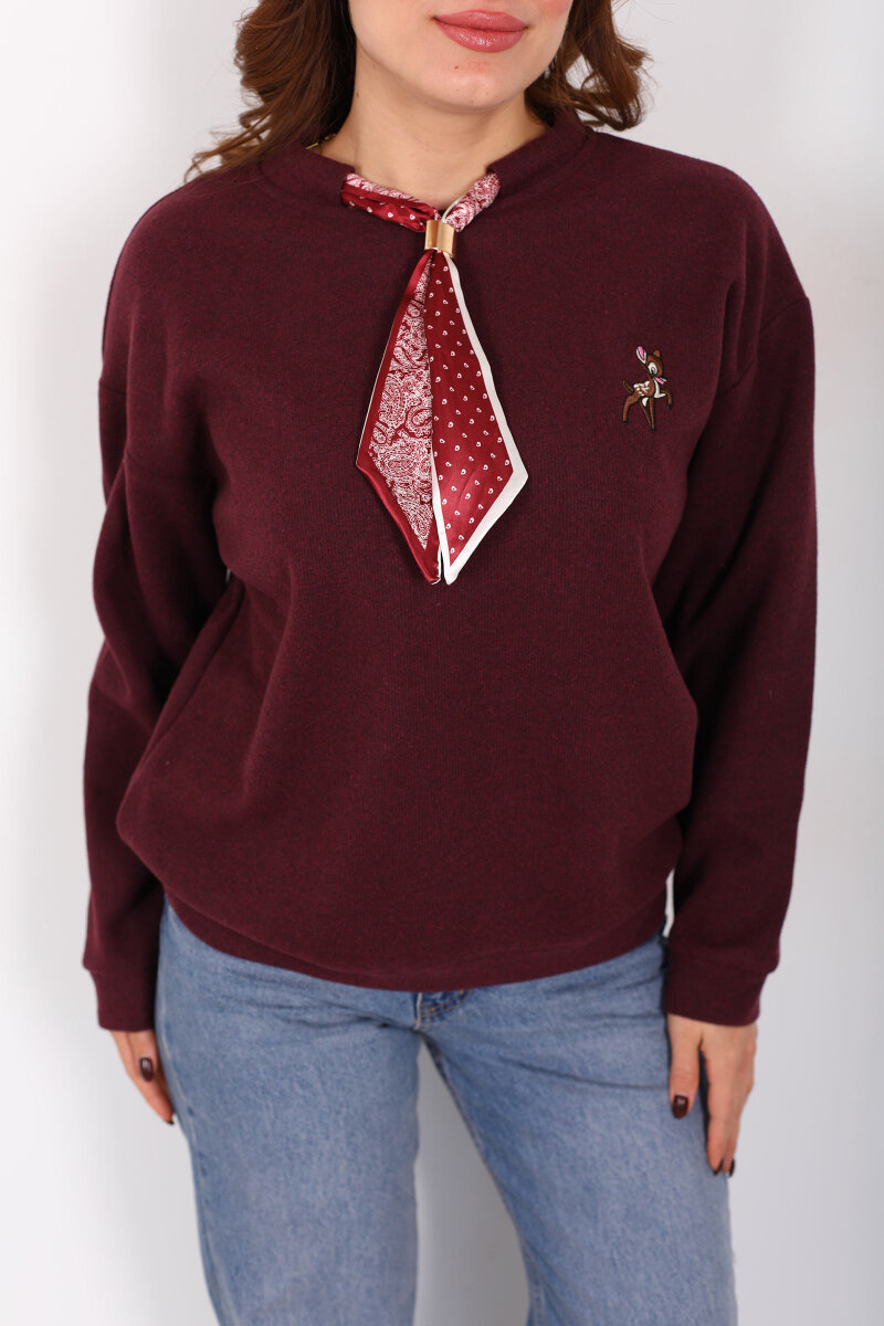 Baskılı Yakası Fularlı Bordo Kadın Selanik Sweat - 2