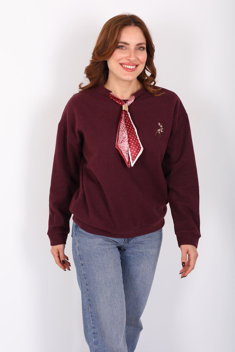 Baskılı Yakası Fularlı Bordo Kadın Selanik Sweat - 1