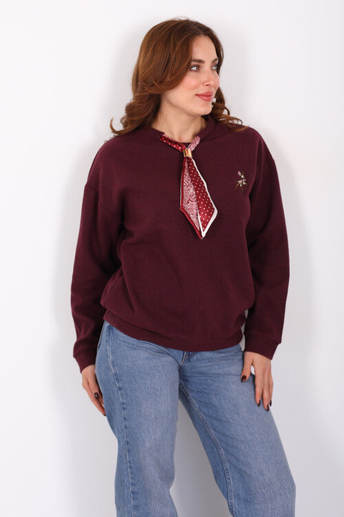 Baskılı Yakası Fularlı Bordo Kadın Selanik Sweat - 3